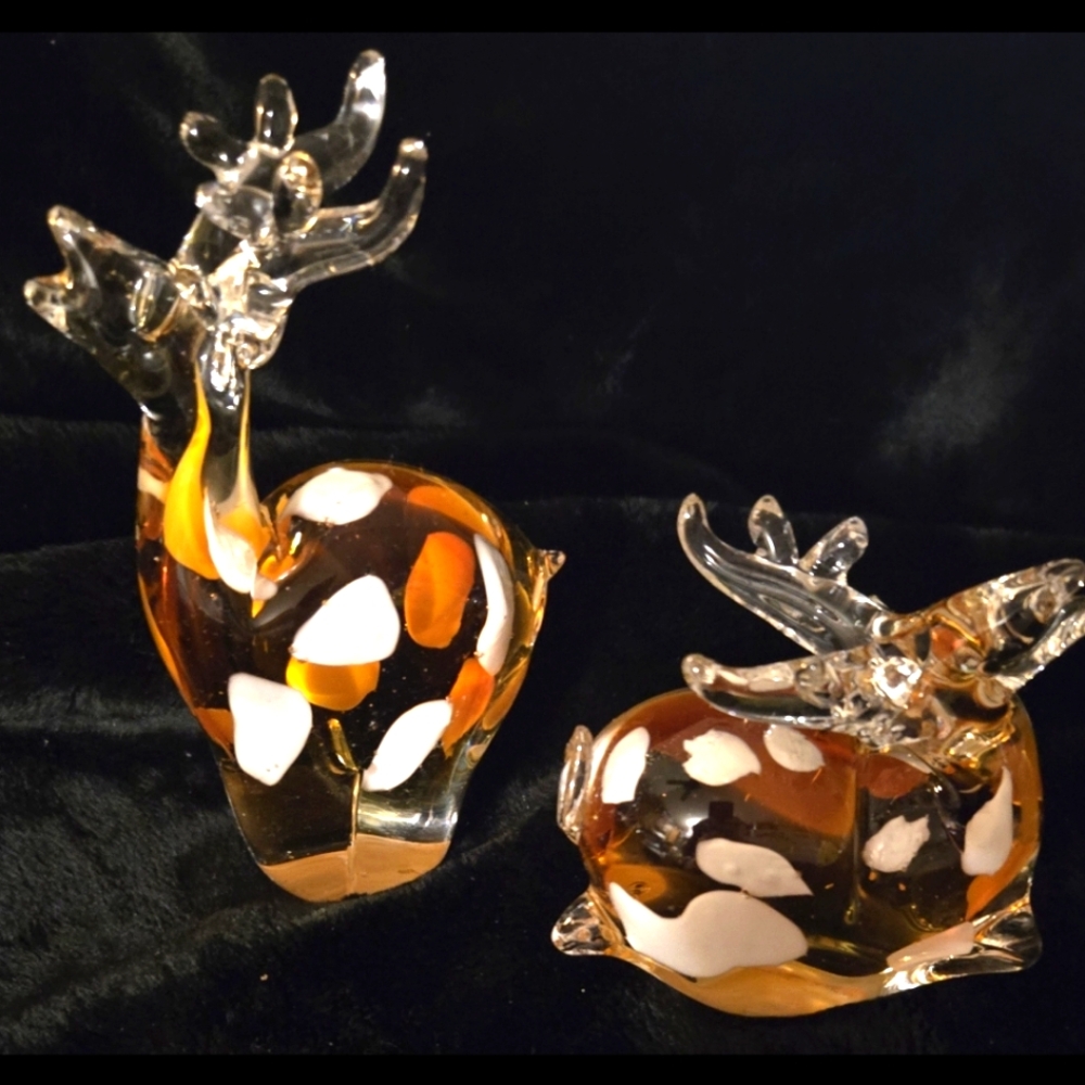 Murano Deer Art Glass Sculpture Figurine Pair.